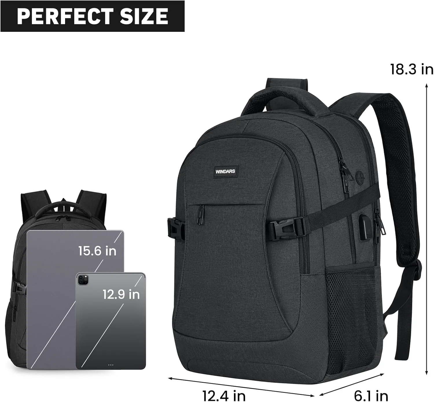 Travel Laptop Backpack, 15.6 Inch Large School Backpacks for Teens Boys, Water Resistant Business Men Computer Bag Durable Women Back Pack with USB Charging Port for College Work, Black
