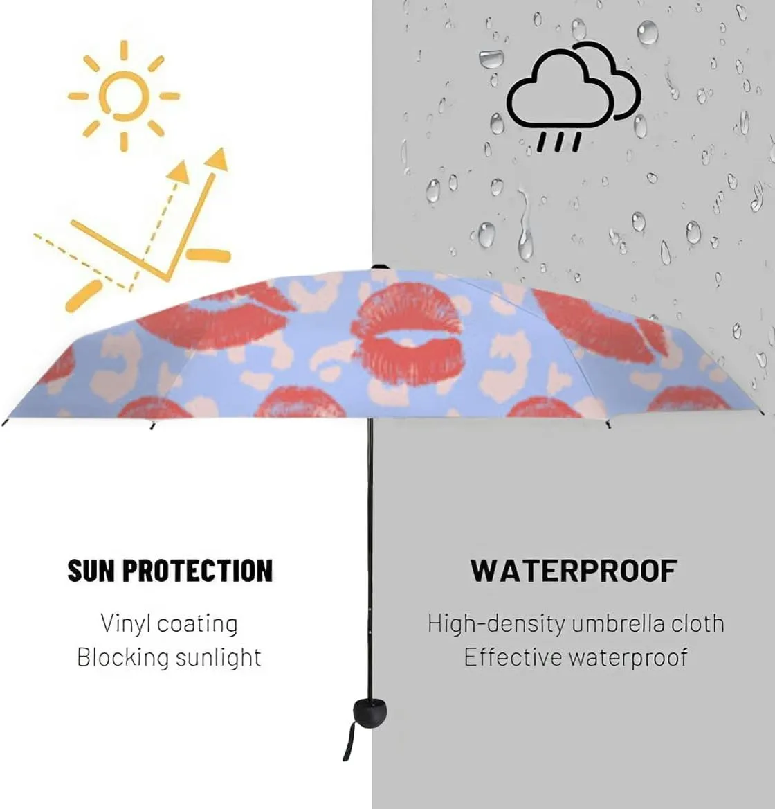 Travel Umbrella for Rain Windproof Lips Doodle lip kiss Retro fashion glamour print Cute Portable Compact Mini Umbrella for Women Purse Backpack Car Black Sun UV Protection