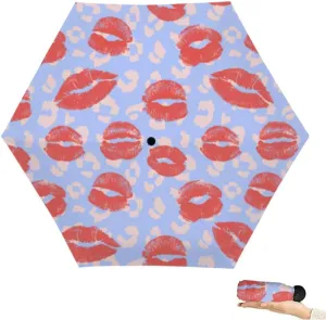Travel Umbrella for Rain Windproof Lips Doodle lip kiss Retro fashion glamour print Cute Portable Compact Mini Umbrella for Women Purse Backpack Car Black Sun UV Protection