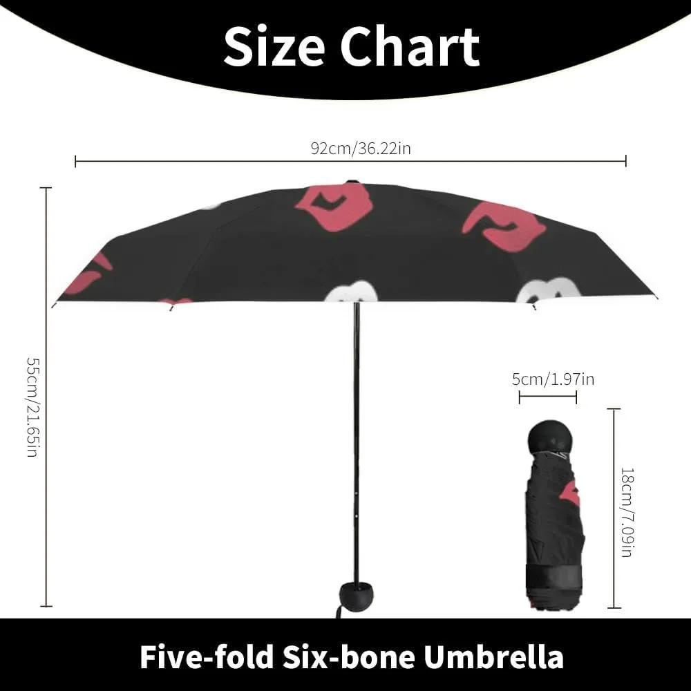 Travel Umbrella for Rain Windproof Lips Doodle lip kiss Retro fashion glamour print Cute Portable Compact Mini Umbrella for Women Purse Backpack Car Black Sun UV Protection