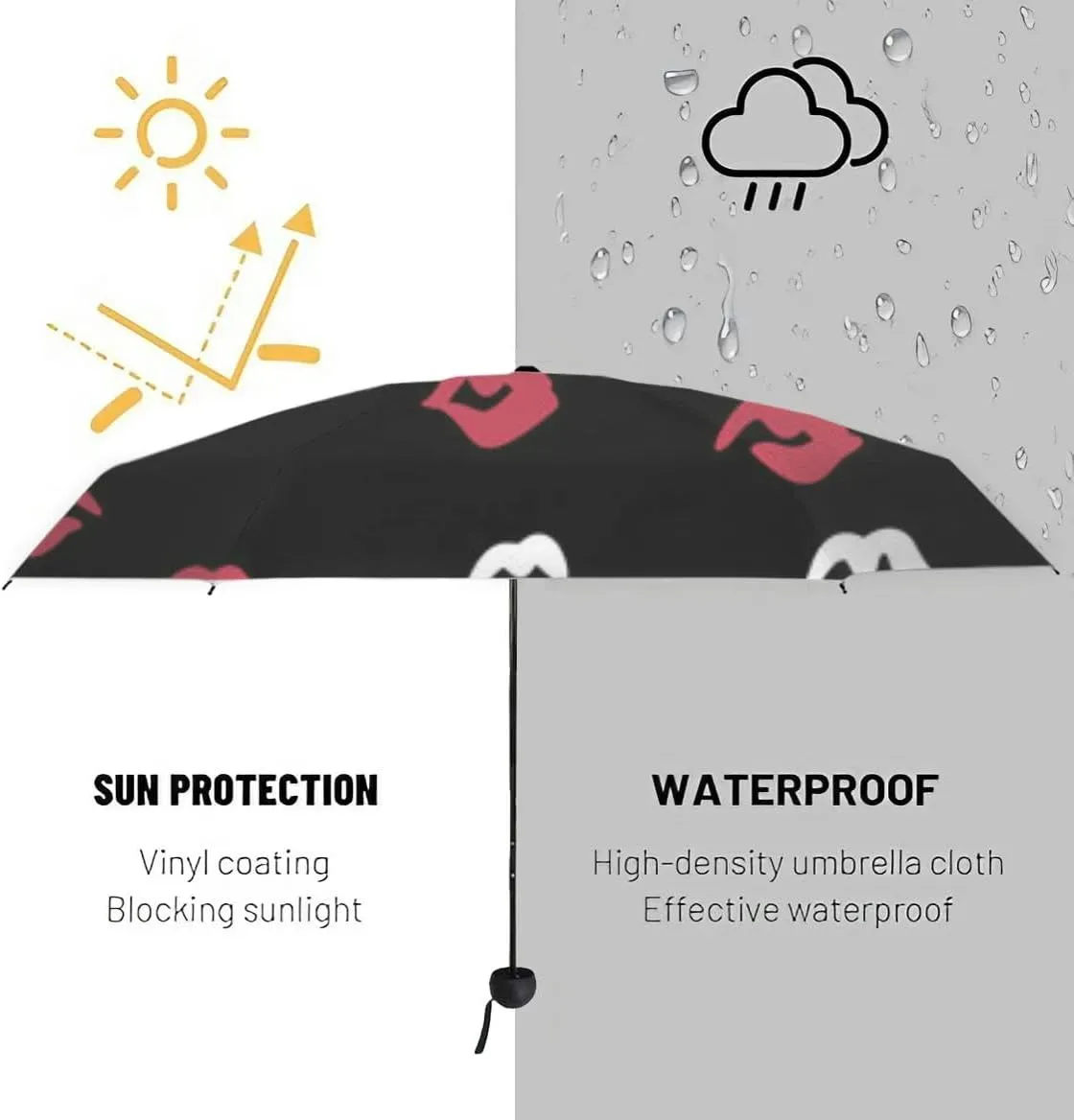 Travel Umbrella for Rain Windproof Lips Doodle lip kiss Retro fashion glamour print Cute Portable Compact Mini Umbrella for Women Purse Backpack Car Black Sun UV Protection