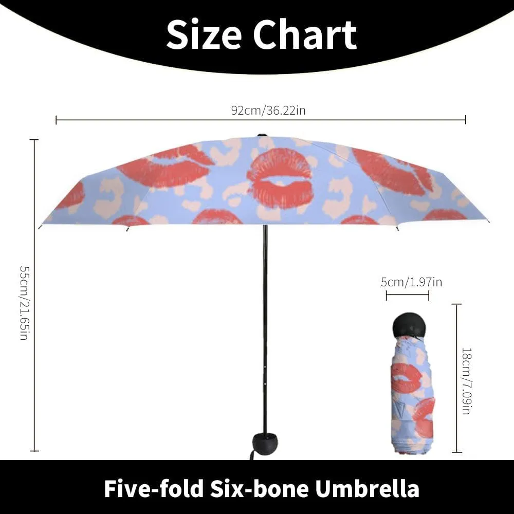 Travel Umbrella for Rain Windproof Lips Doodle lip kiss Retro fashion glamour print Cute Portable Compact Mini Umbrella for Women Purse Backpack Car Black Sun UV Protection