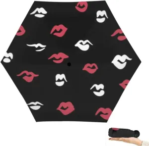 Travel Umbrella for Rain Windproof Lips Doodle lip kiss Retro fashion glamour print Cute Portable Compact Mini Umbrella for Women Purse Backpack Car Black Sun UV Protection