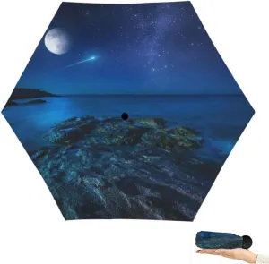 Travel Umbrella for Rain Windproof Majestic view sea and moon at night Cute Portable Compact Mini Umbrella for Women Purse Backpack Car Black Sun UV Protection