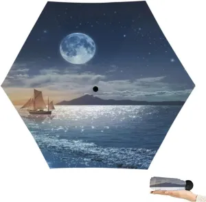 Travel Umbrella for Rain Windproof Majestic view sea and moon at night Cute Portable Compact Mini Umbrella for Women Purse Backpack Car Black Sun UV Protection