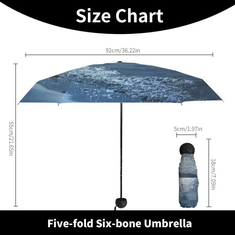 Travel Umbrella for Rain Windproof Majestic view sea and moon at night Cute Portable Compact Mini Umbrella for Women Purse Backpack Car Black Sun UV Protection