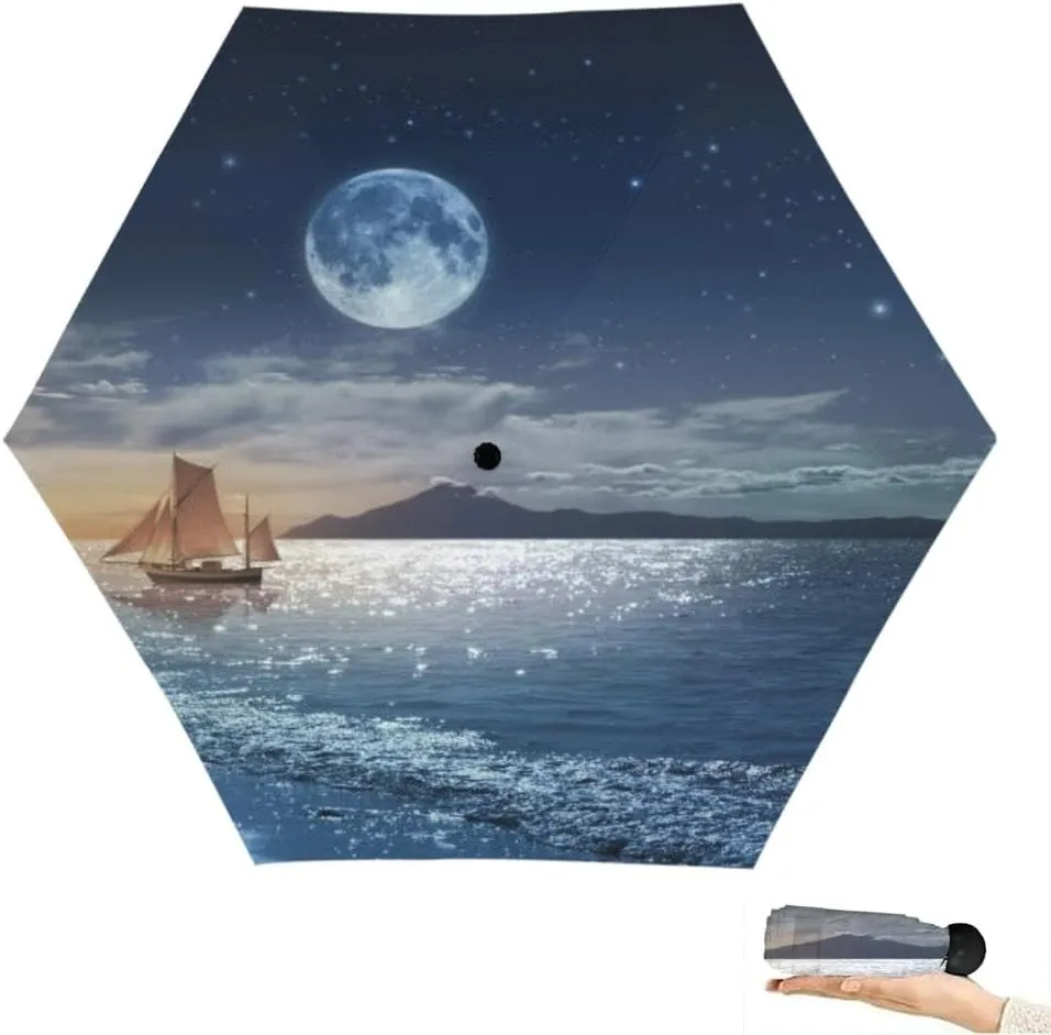 Travel Umbrella for Rain Windproof Majestic view sea and moon at night Cute Portable Compact Mini Umbrella for Women Purse Backpack Car Black Sun UV Protection