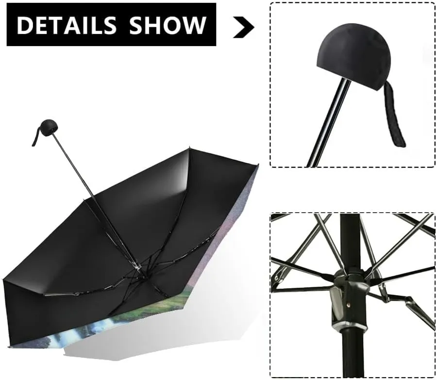 Travel Umbrella for Rain Windproof Moon over the pond Cute Portable Compact Mini Umbrella for Women Purse Backpack Car Black Sun UV Protection