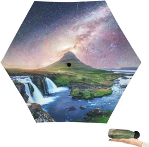 Travel Umbrella for Rain Windproof Moon over the pond Cute Portable Compact Mini Umbrella for Women Purse Backpack Car Black Sun UV Protection