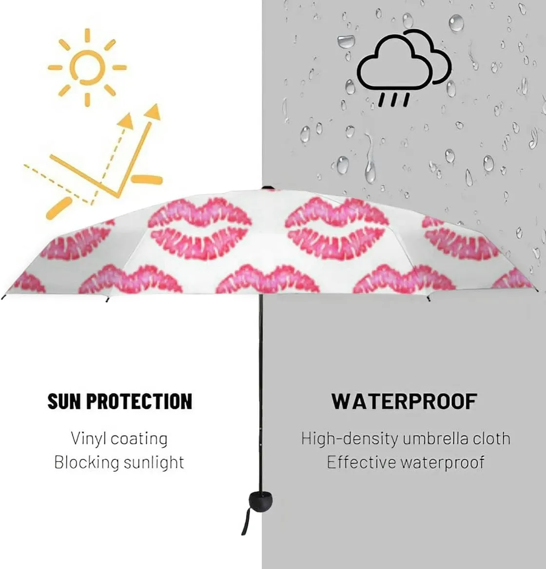 Travel Umbrella for Rain Windproof Watercolor pink lips mouth allover print Air kiss Kiss an an Cute Portable Compact Mini Umbrella for Women Purse Backpack Car Black Sun UV Protection