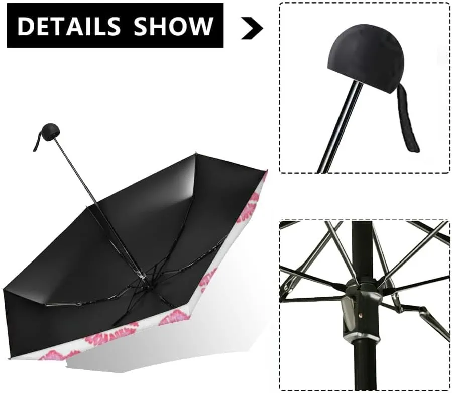 Travel Umbrella for Rain Windproof Watercolor pink lips mouth allover print Air kiss Kiss an an Cute Portable Compact Mini Umbrella for Women Purse Backpack Car Black Sun UV Protection