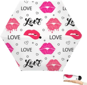Travel Umbrella for Rain Windproof Watercolor pink lips mouth allover print Air kiss Kiss an an Cute Portable Compact Mini Umbrella for Women Purse Backpack Car Black Sun UV Protection