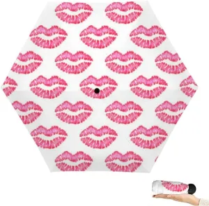 Travel Umbrella for Rain Windproof Watercolor pink lips mouth allover print Air kiss Kiss an an Cute Portable Compact Mini Umbrella for Women Purse Backpack Car Black Sun UV Protection