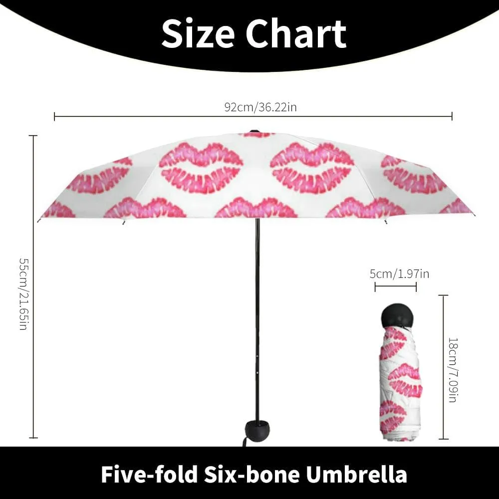 Travel Umbrella for Rain Windproof Watercolor pink lips mouth allover print Air kiss Kiss an an Cute Portable Compact Mini Umbrella for Women Purse Backpack Car Black Sun UV Protection