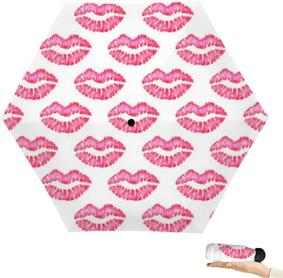 Travel Umbrella for Rain Windproof Watercolor pink lips mouth allover print Air kiss Kiss an an Cute Portable Compact Mini Umbrella for Women Purse Backpack Car Black Sun UV Protection
