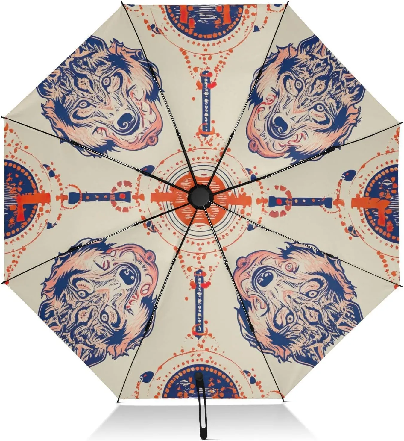 Travel Umbrella Windproof Umbrella Compact, Umbrellas for Backpacks/Handbags, Rain, Wind and Sun, Ethnic Wolf