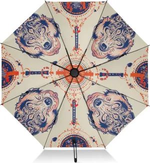 Travel Umbrella Windproof Umbrella Compact, Umbrellas for Backpacks/Handbags, Rain, Wind and Sun, Ethnic Wolf