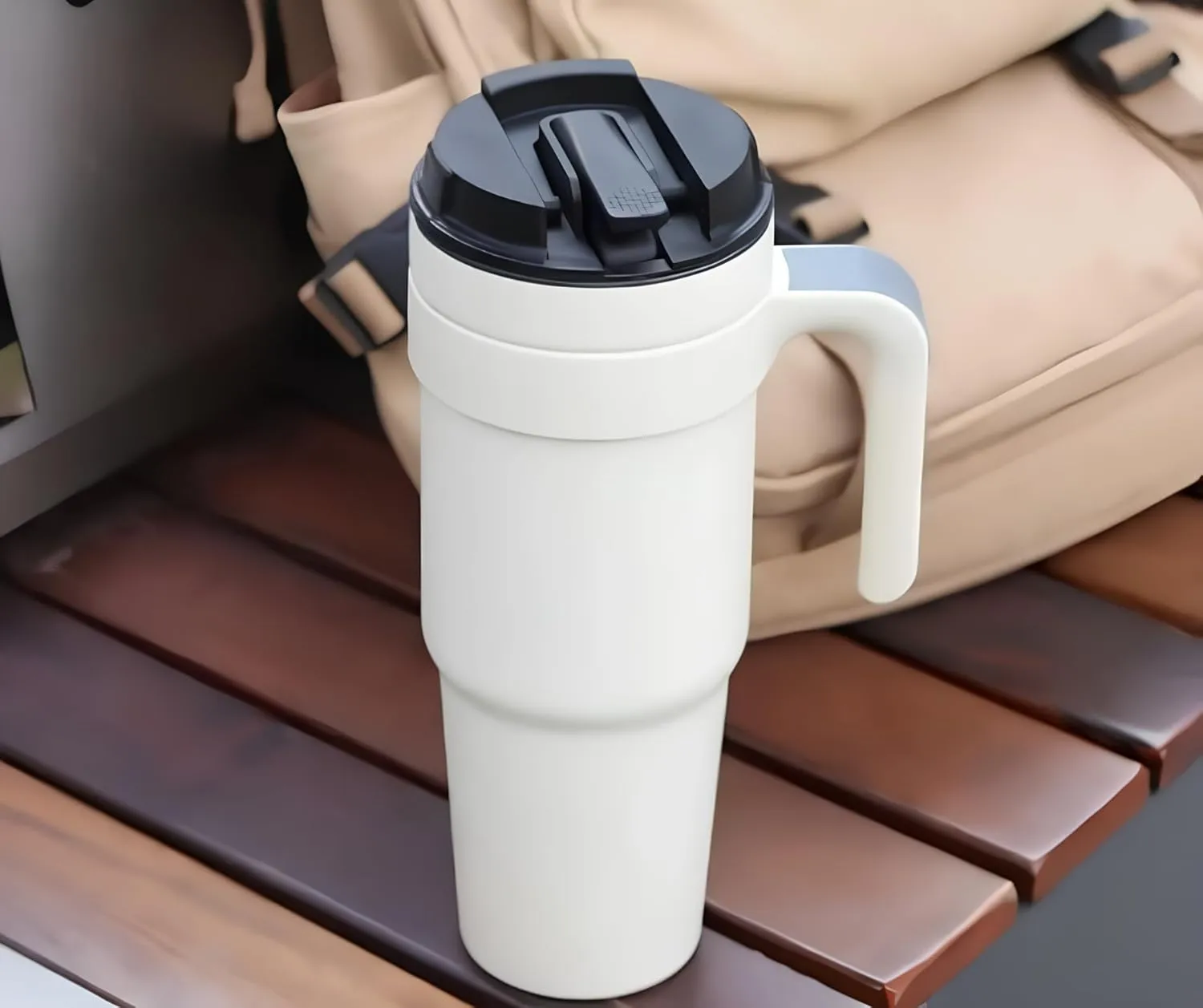 Tumbler with Handle, Double Wall Vacuum-insulated Proof Thermal Travel Cup, Stainless Steel Mug with Lid and Straw. (Moon Mist), 40 OZ, FC094