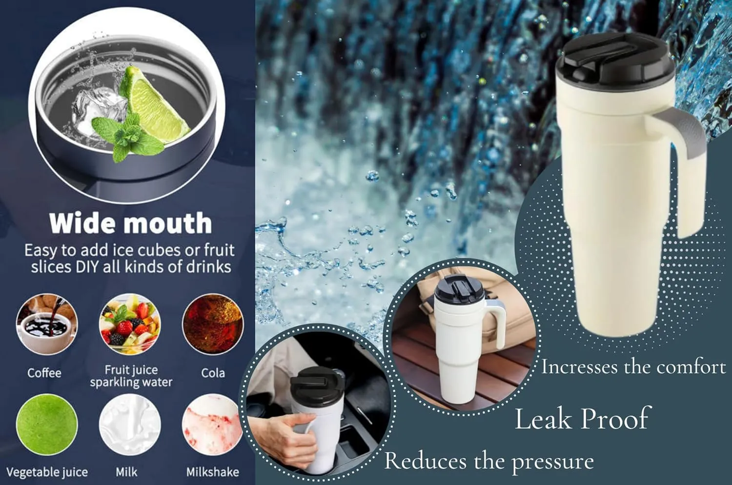Tumbler with Handle, Double Wall Vacuum-insulated Proof Thermal Travel Cup, Stainless Steel Mug with Lid and Straw. (Moon Mist), 40 OZ, FC094