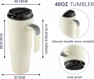 Tumbler with Handle, Double Wall Vacuum-insulated Proof Thermal Travel Cup, Stainless Steel Mug with Lid and Straw. (Moon Mist), 40 OZ, FC094