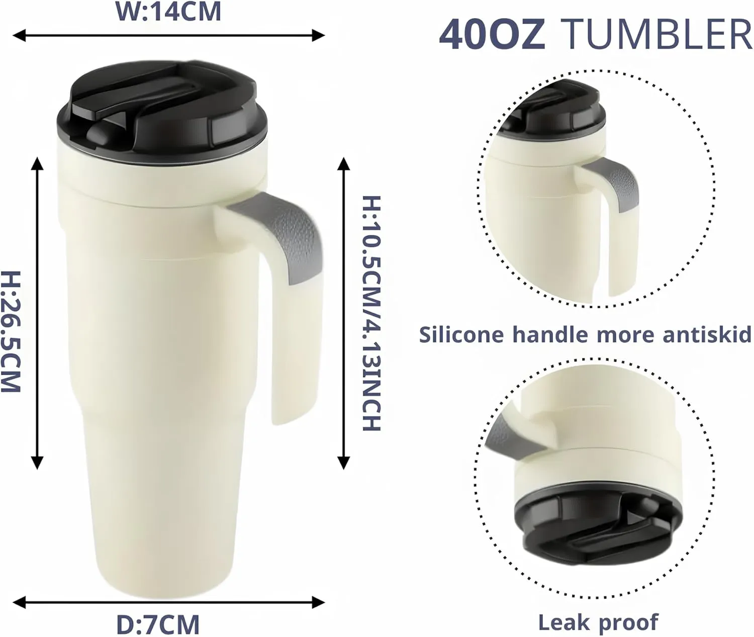 Tumbler with Handle, Double Wall Vacuum-insulated Proof Thermal Travel Cup, Stainless Steel Mug with Lid and Straw. (Moon Mist), 40 OZ, FC094