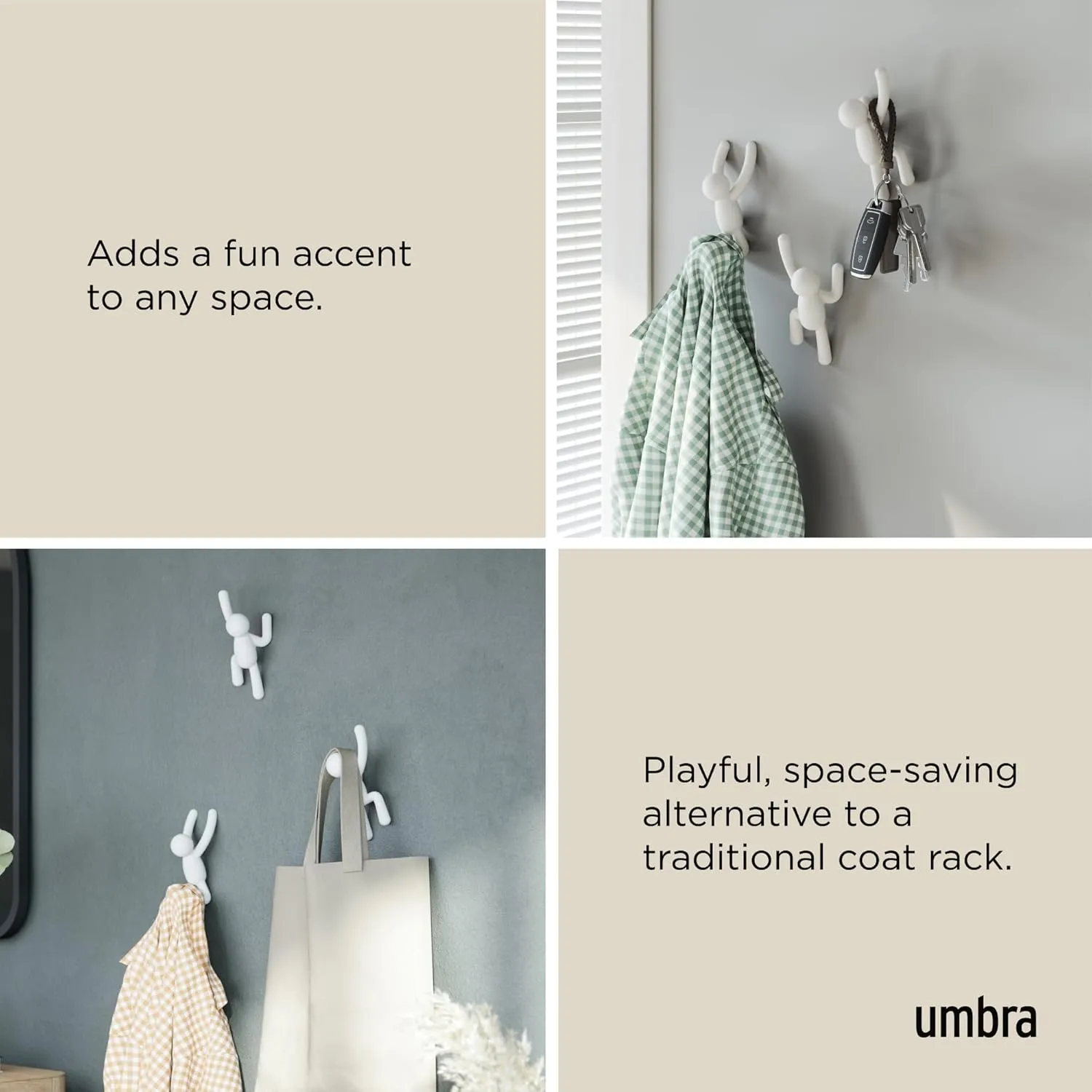 Umbra Buddy Wall Hooks – Decorative Wall Mounted Coat Hooks for Hanging Coats, Scarves, Bags, Purses, Backpacks, Towels and More, Set of 3, White