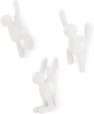 Umbra Buddy Wall Hooks – Decorative Wall Mounted Coat Hooks for Hanging Coats, Scarves, Bags, Purses, Backpacks, Towels and More, Set of 3, White