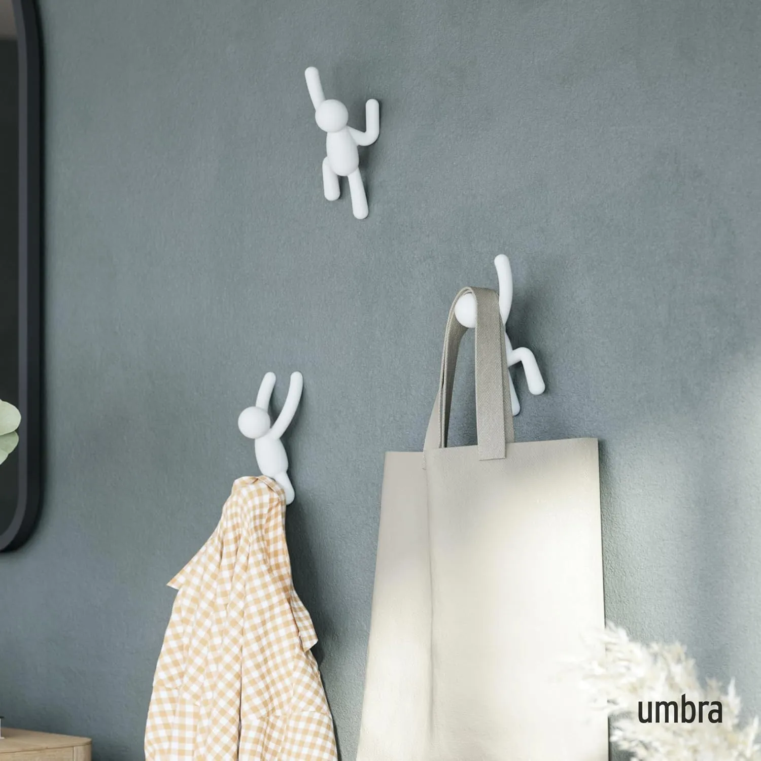 Umbra Buddy Wall Hooks – Decorative Wall Mounted Coat Hooks for Hanging Coats, Scarves, Bags, Purses, Backpacks, Towels and More, Set of 3, White