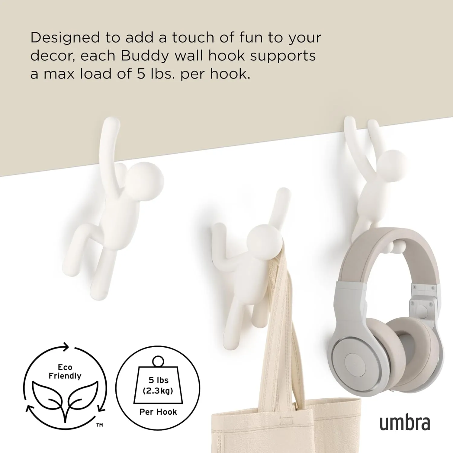 Umbra Buddy Wall Hooks – Decorative Wall Mounted Coat Hooks for Hanging Coats, Scarves, Bags, Purses, Backpacks, Towels and More, Set of 3, White