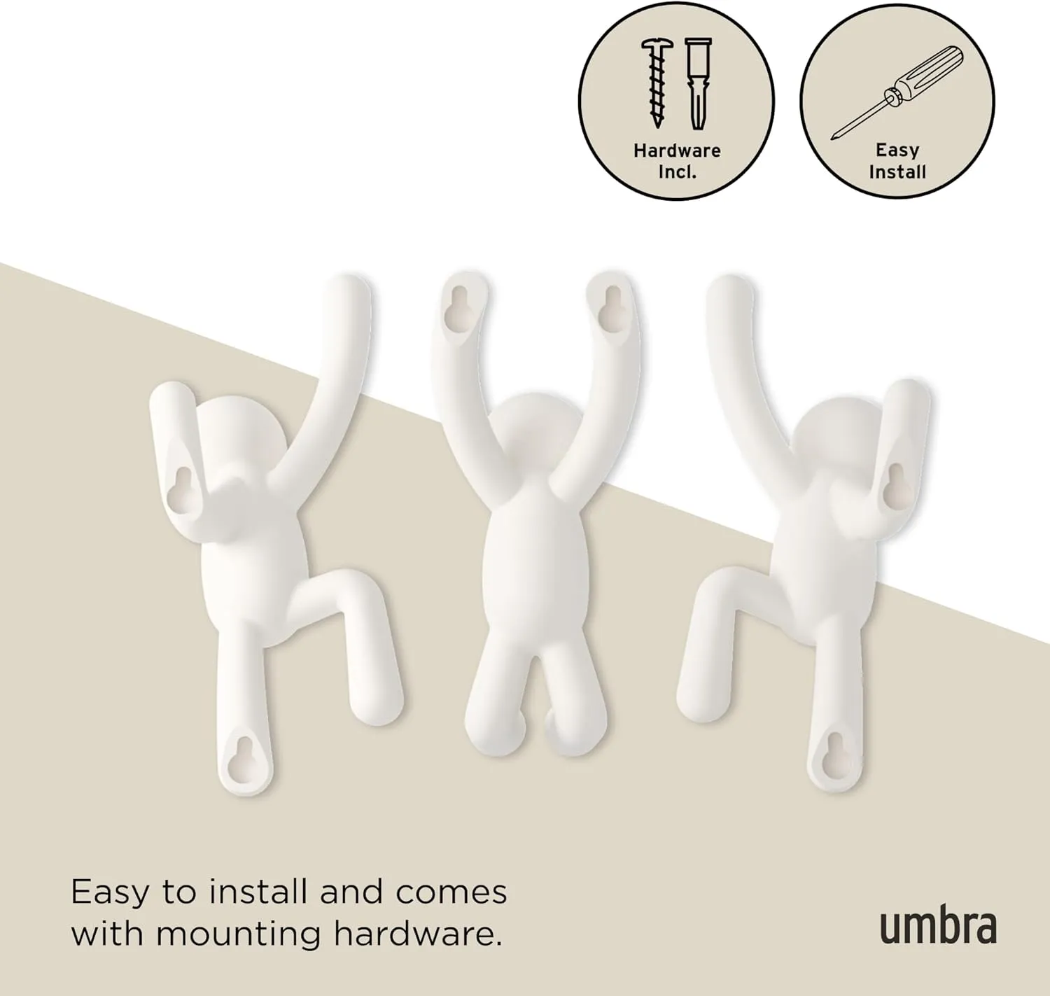 Umbra Buddy Wall Hooks – Decorative Wall Mounted Coat Hooks for Hanging Coats, Scarves, Bags, Purses, Backpacks, Towels and More, Set of 3, White