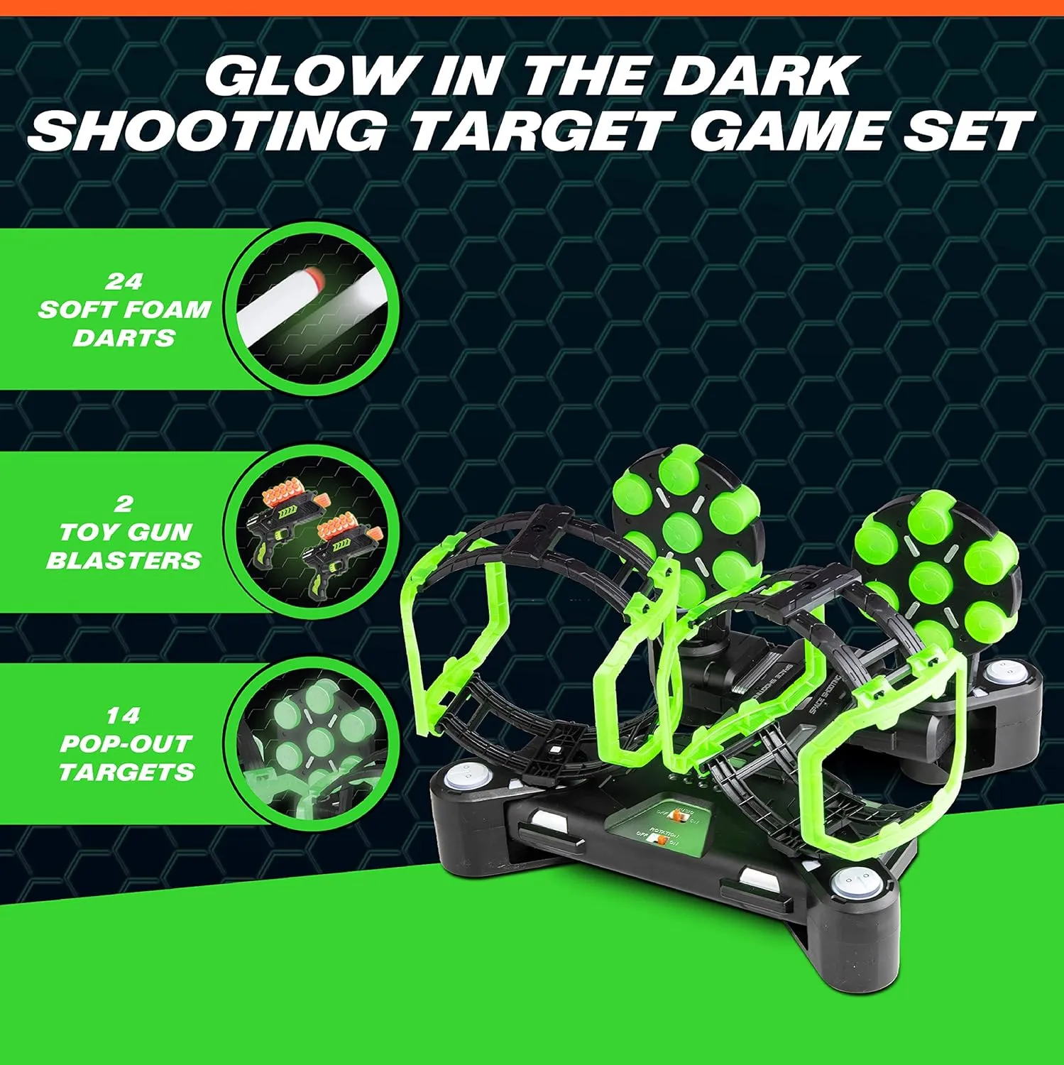 USA Toyz Astroshot Gyro Glow Rotating Shooting Games for Kids - Nerf Compatible Spinning Shooting Targets Game for Kids, 2 Toy Guns for Boys and Girls, 14 Targets, 24 Foam Darts, 2 Dart Holders