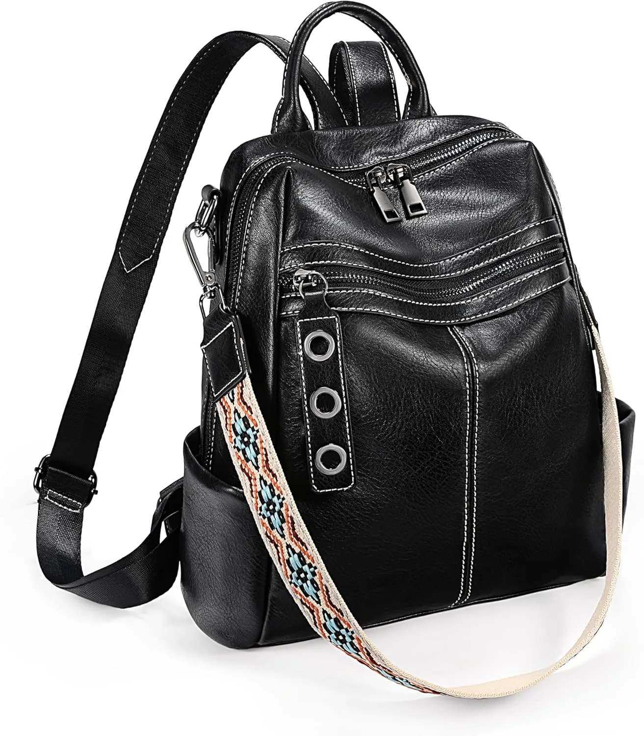 UTO Small Backpack for Women Fashion Classic Decorative Triple Circle Accessory Strap Bags