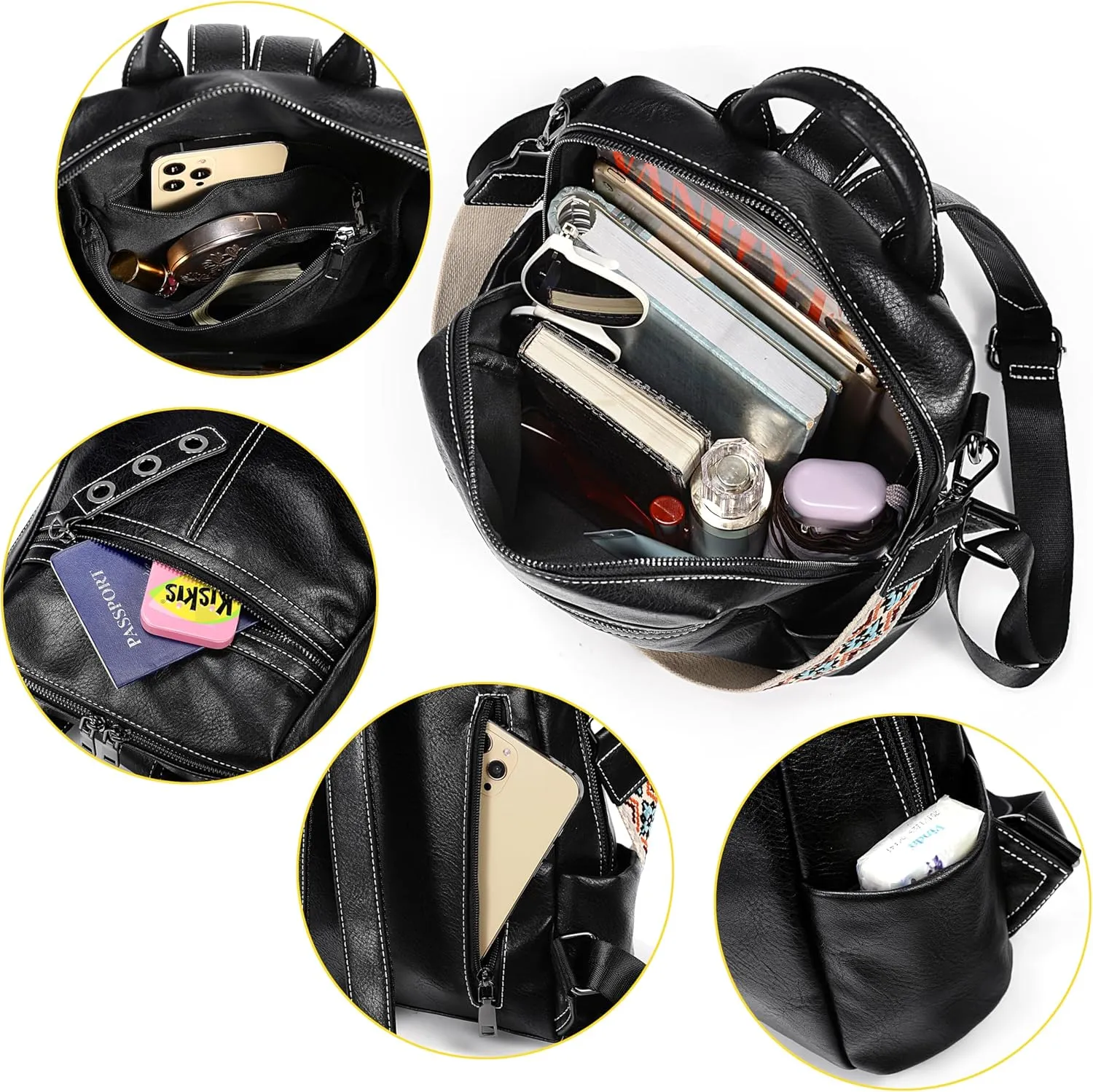 UTO Small Backpack for Women Fashion Classic Decorative Triple Circle Accessory Strap Bags