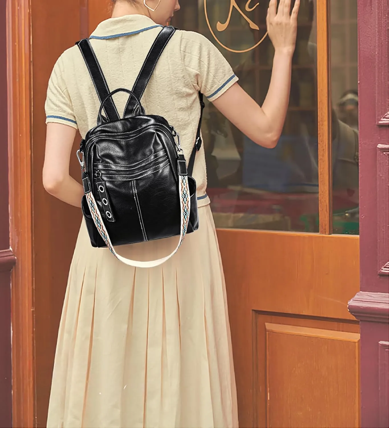 UTO Small Backpack for Women Fashion Classic Decorative Triple Circle Accessory Strap Bags