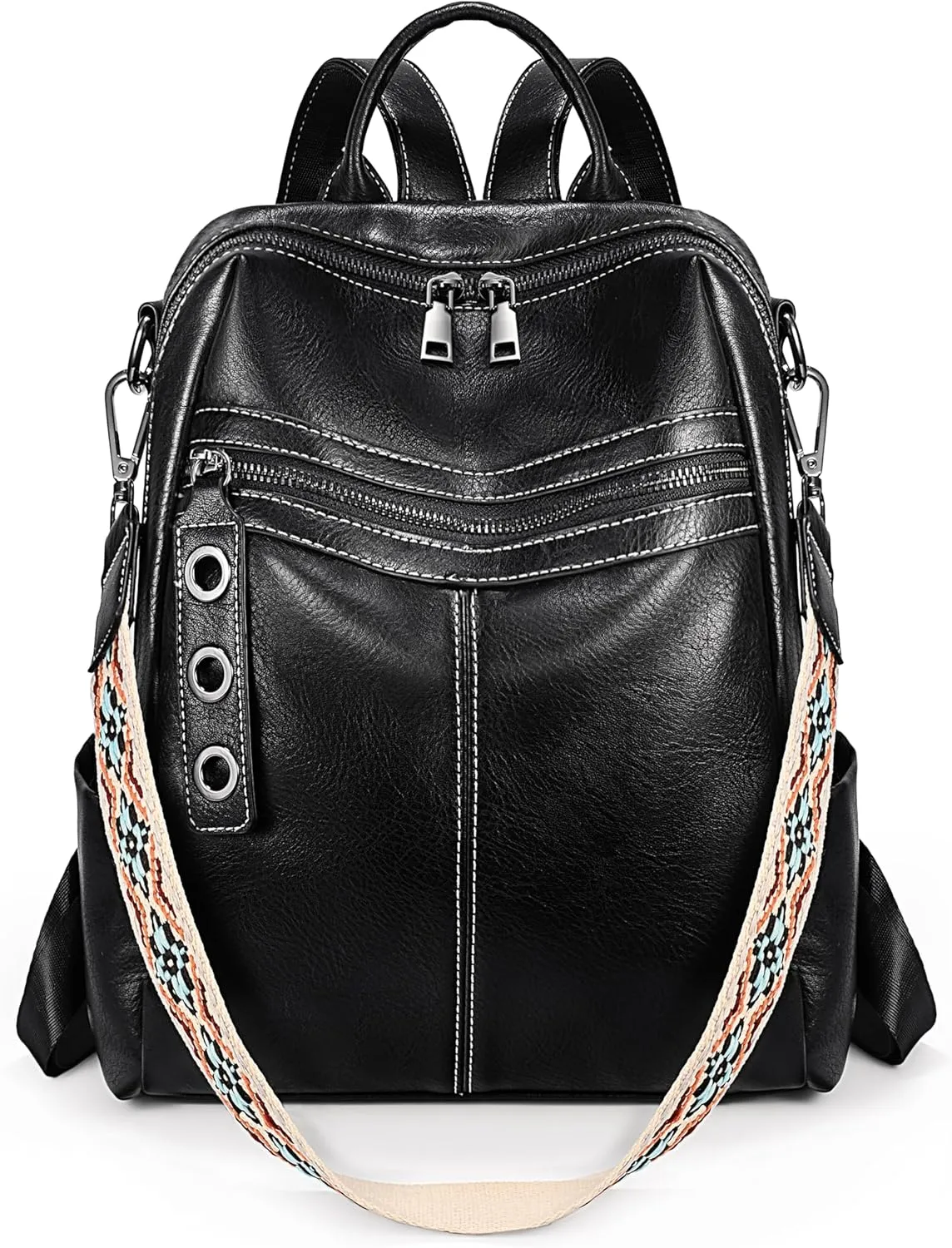 UTO Small Backpack for Women Fashion Classic Decorative Triple Circle Accessory Strap Bags
