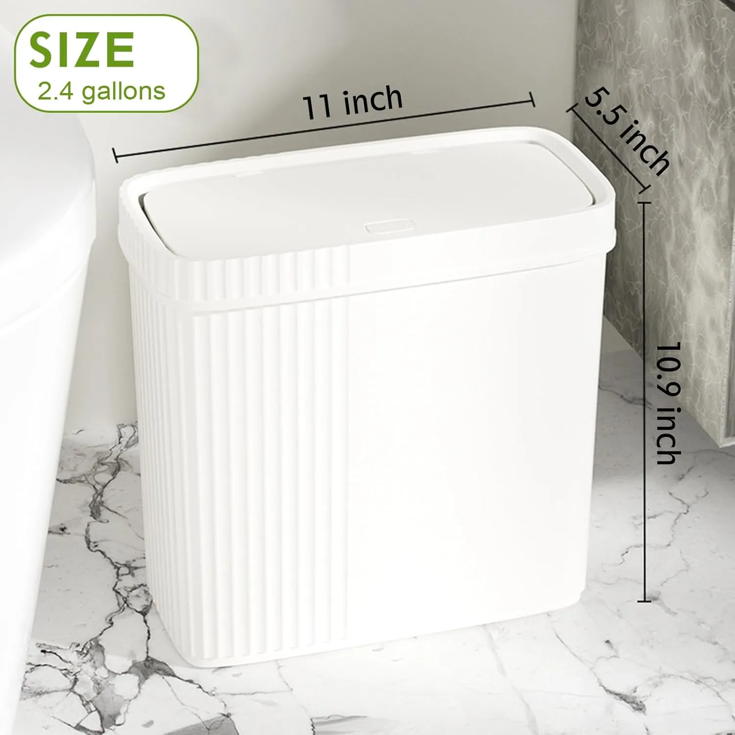 UUJOLY Small Bathroom Trash Can with Lid Slim Wastebasket Garbage Can Plastic Container Basket Trash Bin for Kitchen, Laundry Room, Office, Kids Room, Dorm, White, 2.4 Gallon