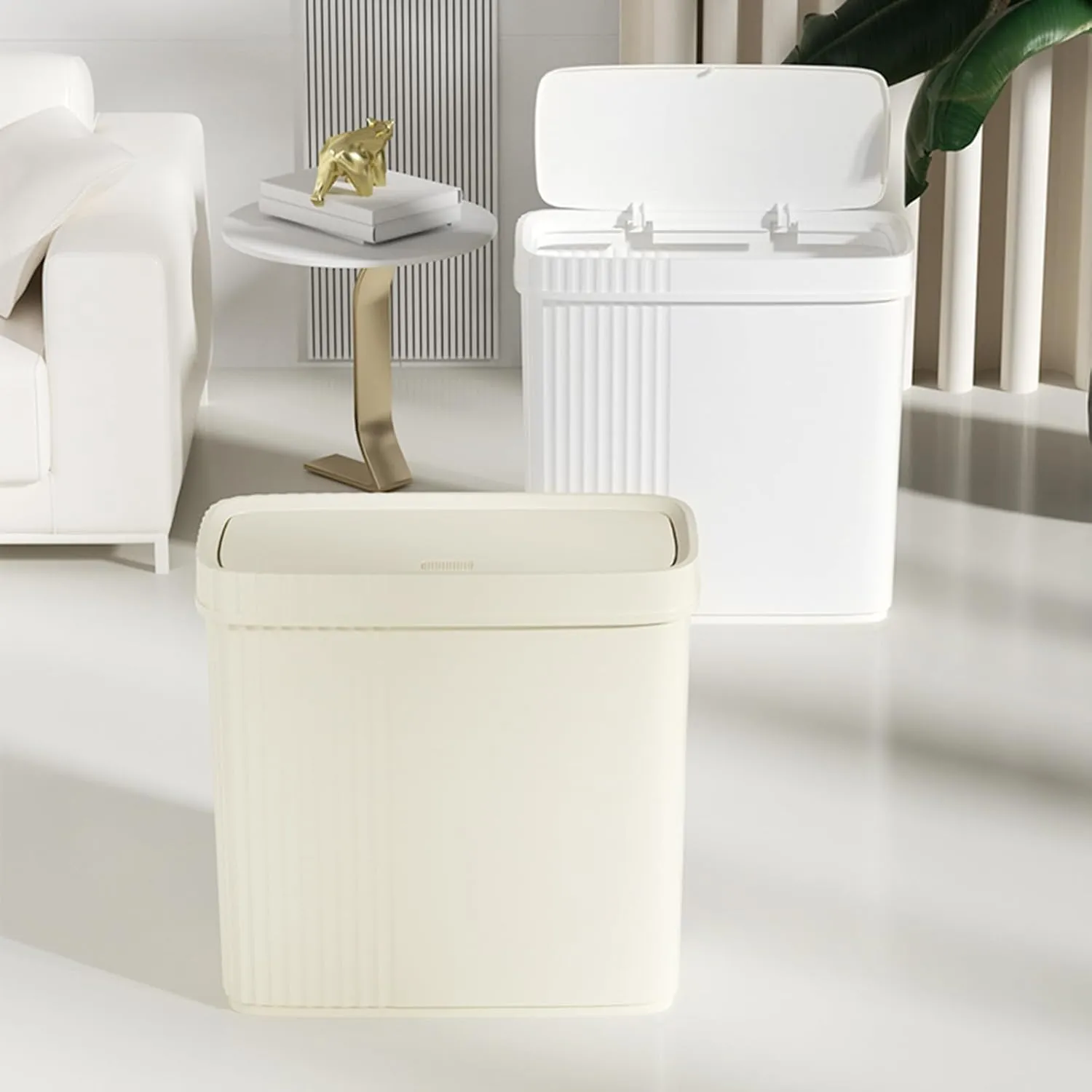 UUJOLY Small Bathroom Trash Can with Lid Slim Wastebasket Garbage Can Plastic Container Basket Trash Bin for Kitchen, Laundry Room, Office, Kids Room, Dorm, White, 2.4 Gallon