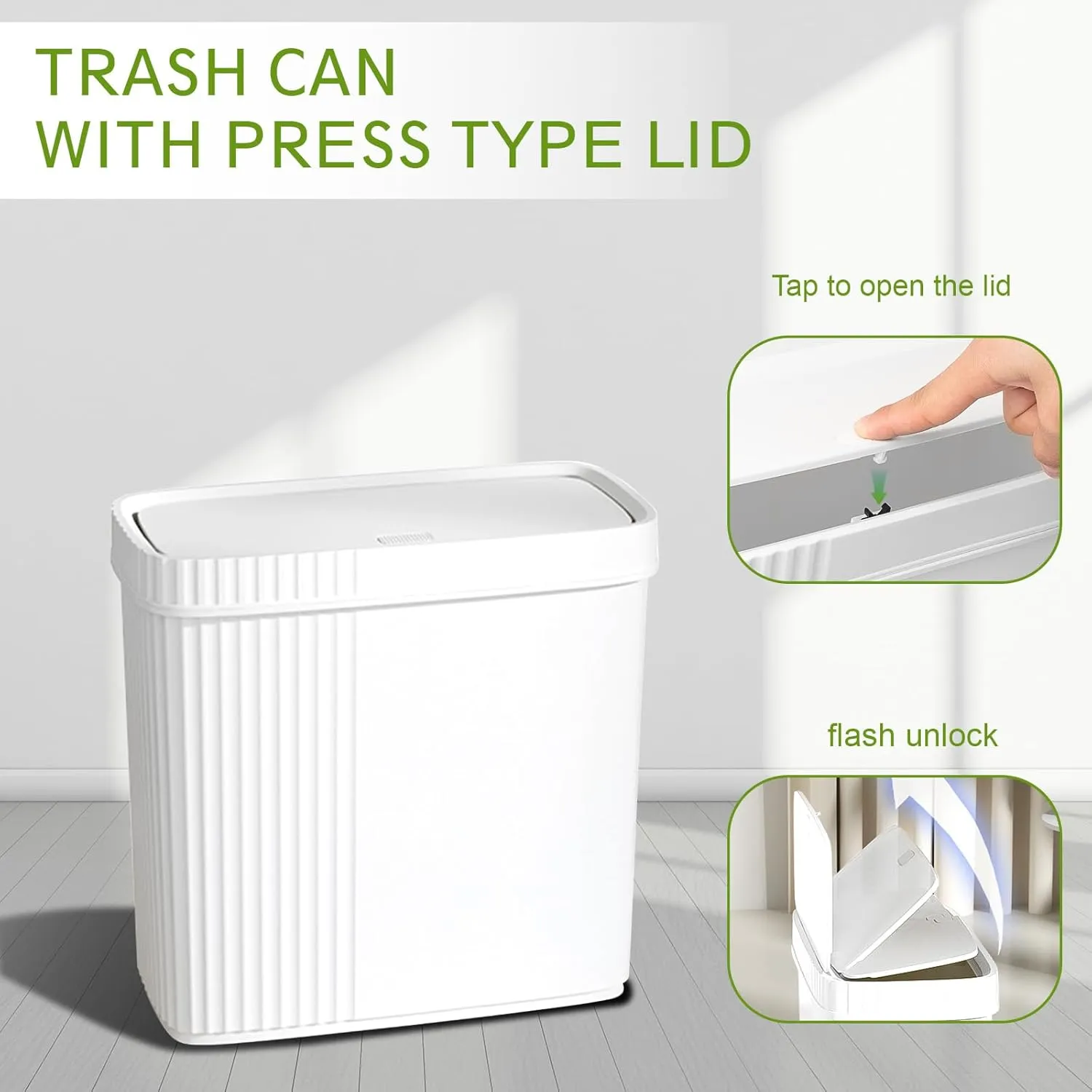 UUJOLY Small Bathroom Trash Can with Lid Slim Wastebasket Garbage Can Plastic Container Basket Trash Bin for Kitchen, Laundry Room, Office, Kids Room, Dorm, White, 2.4 Gallon
