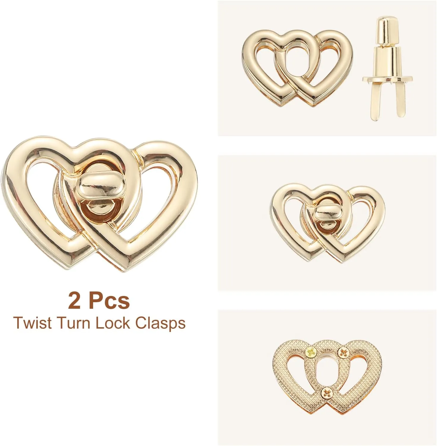 uxcell 2Pcs Twist Turn Lock Clasp, 1.46" x 0.98" Closures Lock Fasteners for Purse Aluminum Alloy Double Heart Bag Closure Clip Hardware Accessories for DIY Handbag Craft, Light Gold