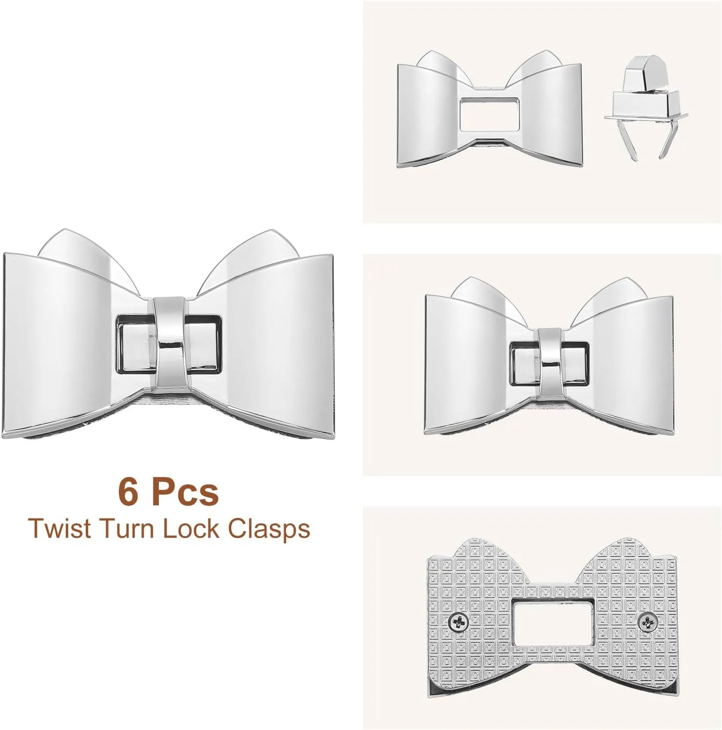 uxcell 6Pcs Twist Turn Lock Clasp, 2.36" x 1.5" Closures Lock Fasteners for Purse Aluminum Alloy Bowknot Bag Closure Clip Hardware Accessories for DIY Handbag Craft, Silver