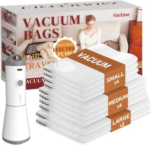 Vacuum Storage Bags for Clothing Travel, 10 Pack Vacuum Bags with Wireless Charging Air Pump(2 Large 4 Medium 4 Small), Compression Packing for Clothes Blanket Suitcase Luggage