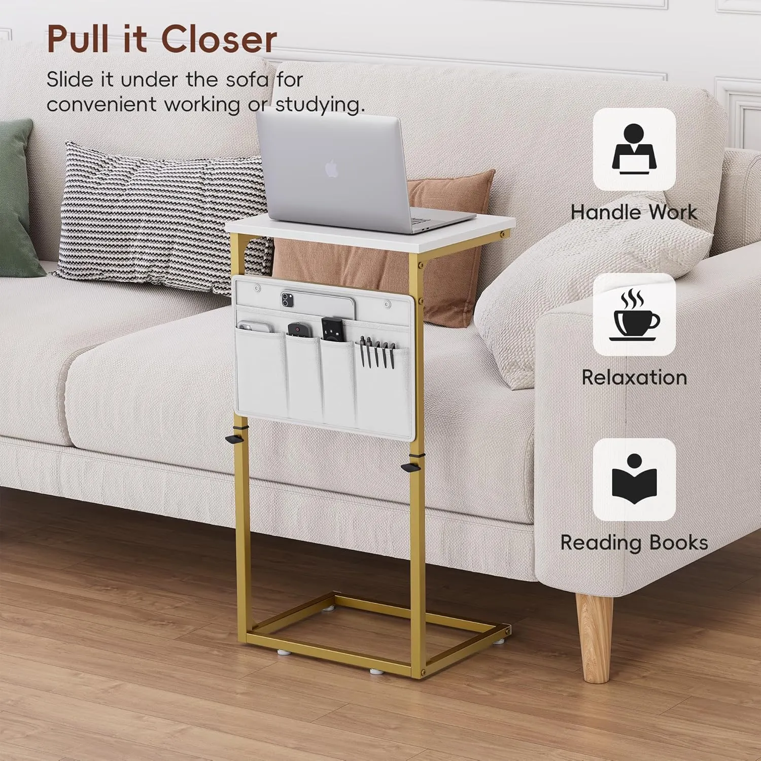 Vagusicc C Shaped End Table, 33'' Tall Side Table for Couch, Adjustable Height Small Couch Side Table for Small Spaces, C Table End Table Slide Under Sofa Table TV Tray Arm Table for Living Room