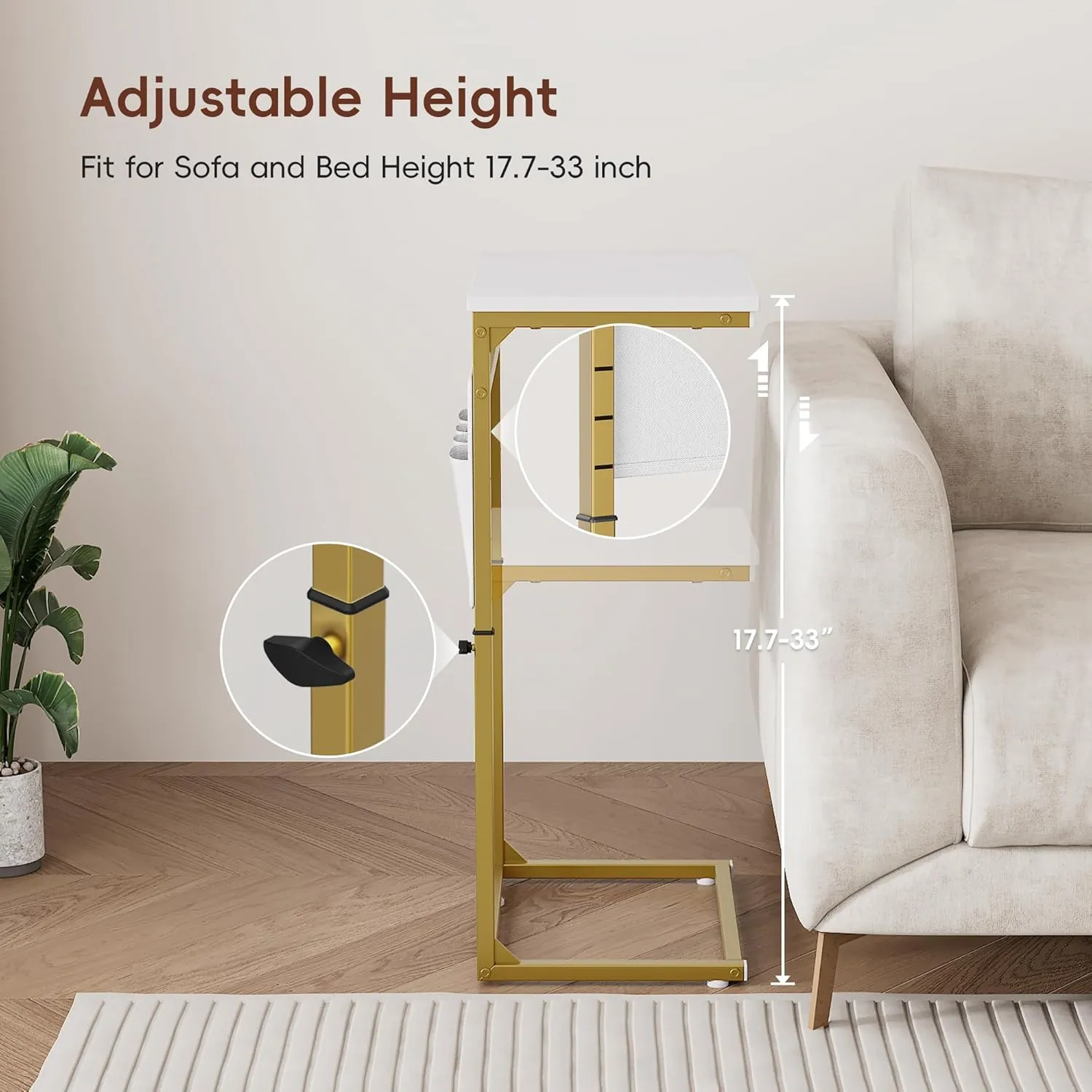 Vagusicc C Shaped End Table, 33'' Tall Side Table for Couch, Adjustable Height Small Couch Side Table for Small Spaces, C Table End Table Slide Under Sofa Table TV Tray Arm Table for Living Room
