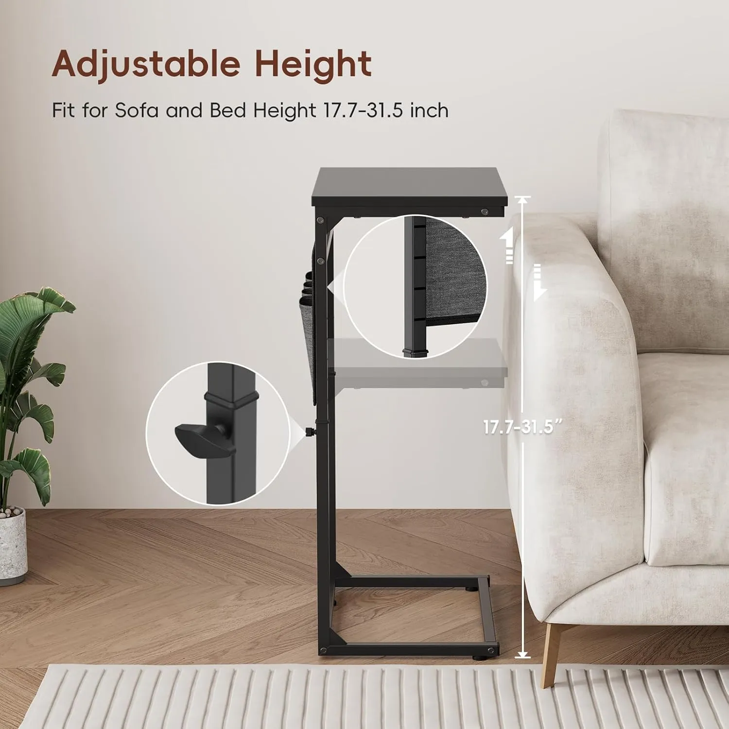 Vagusicc C Shaped End Table, 33'' Tall Side Table for Couch, Adjustable Height Small Couch Side Table for Small Spaces, End Table Slide Under Sofa Table TV Tray with Metal Frame for Living Room, Black