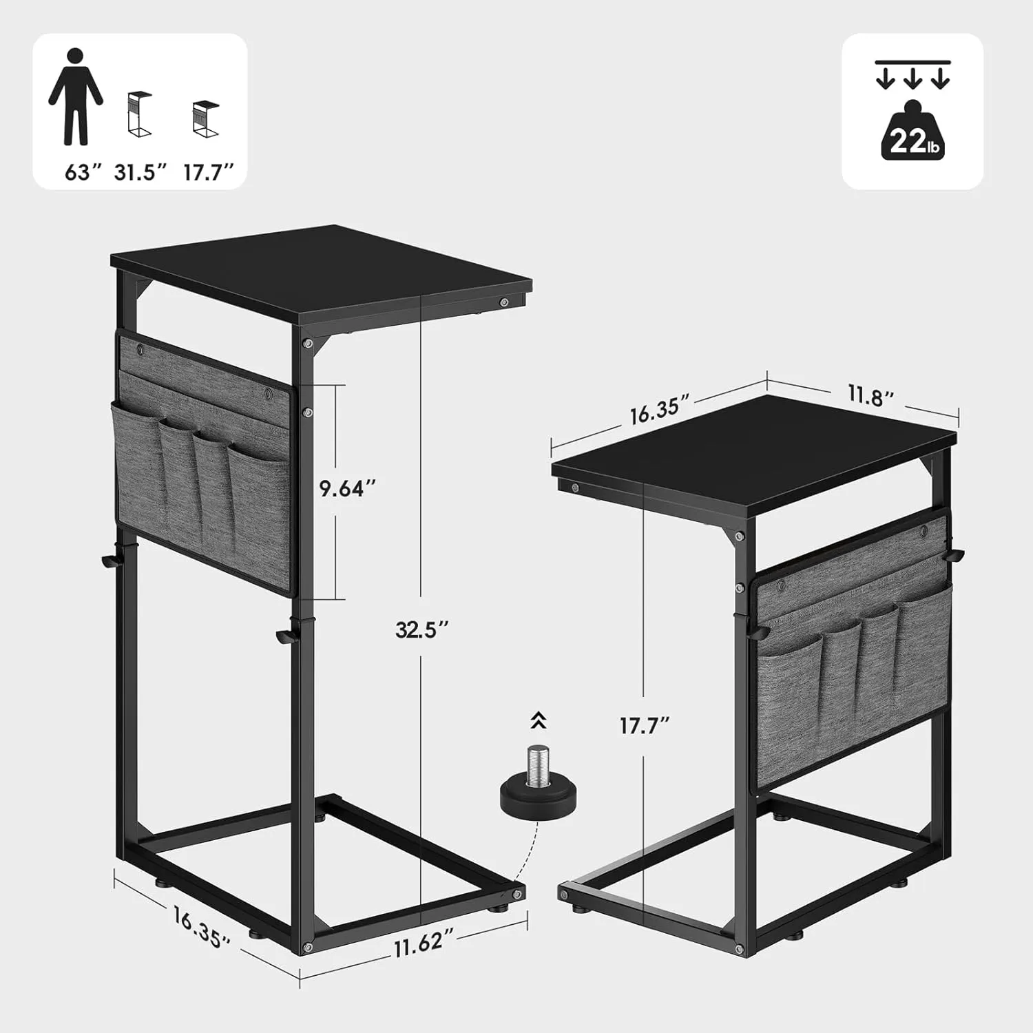 Vagusicc C Shaped End Table, 33'' Tall Side Table for Couch, Adjustable Height Small Couch Side Table for Small Spaces, End Table Slide Under Sofa Table TV Tray with Metal Frame for Living Room, Black