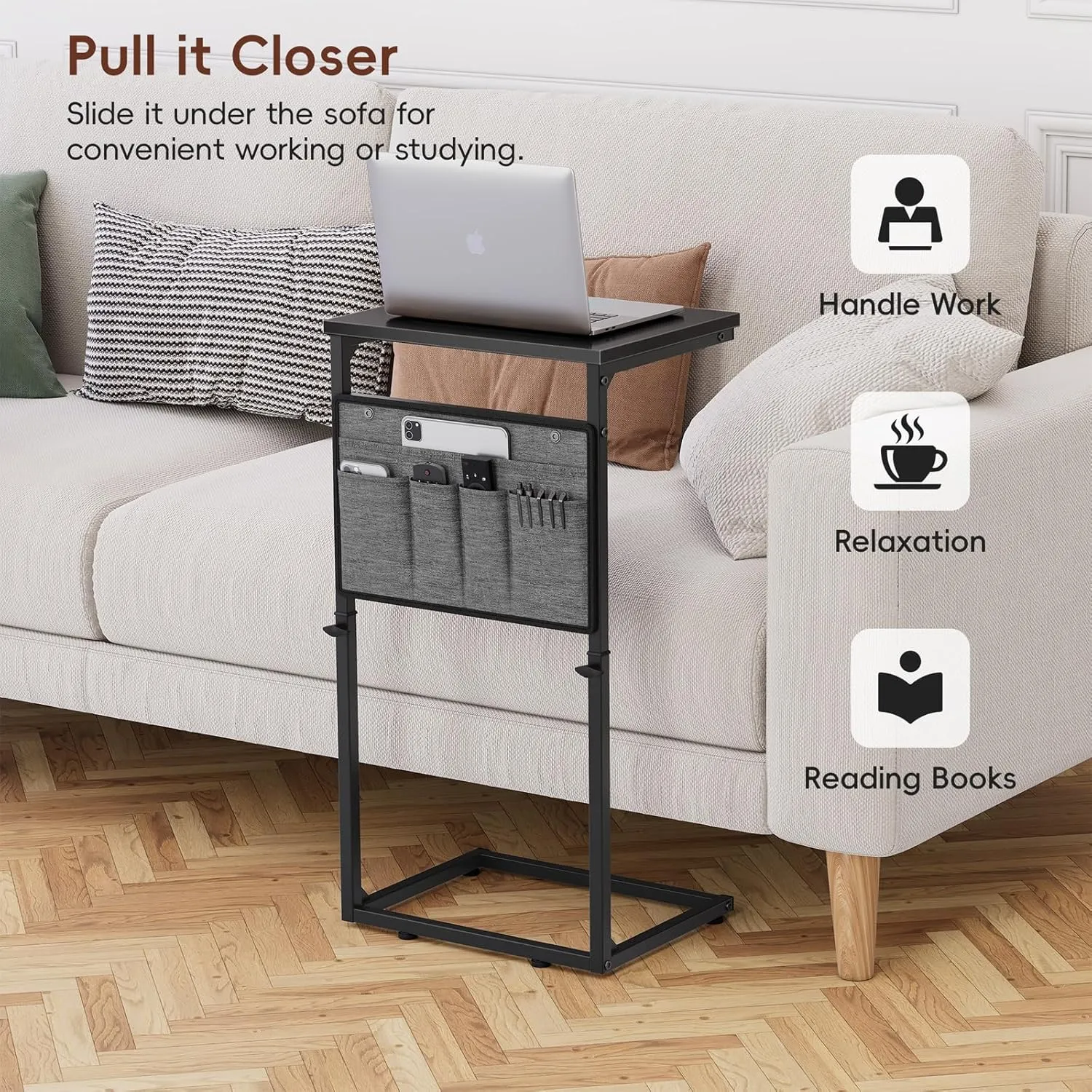 Vagusicc C Shaped End Table, 33'' Tall Side Table for Couch, Adjustable Height Small Couch Side Table for Small Spaces, End Table Slide Under Sofa Table TV Tray with Metal Frame for Living Room, Black