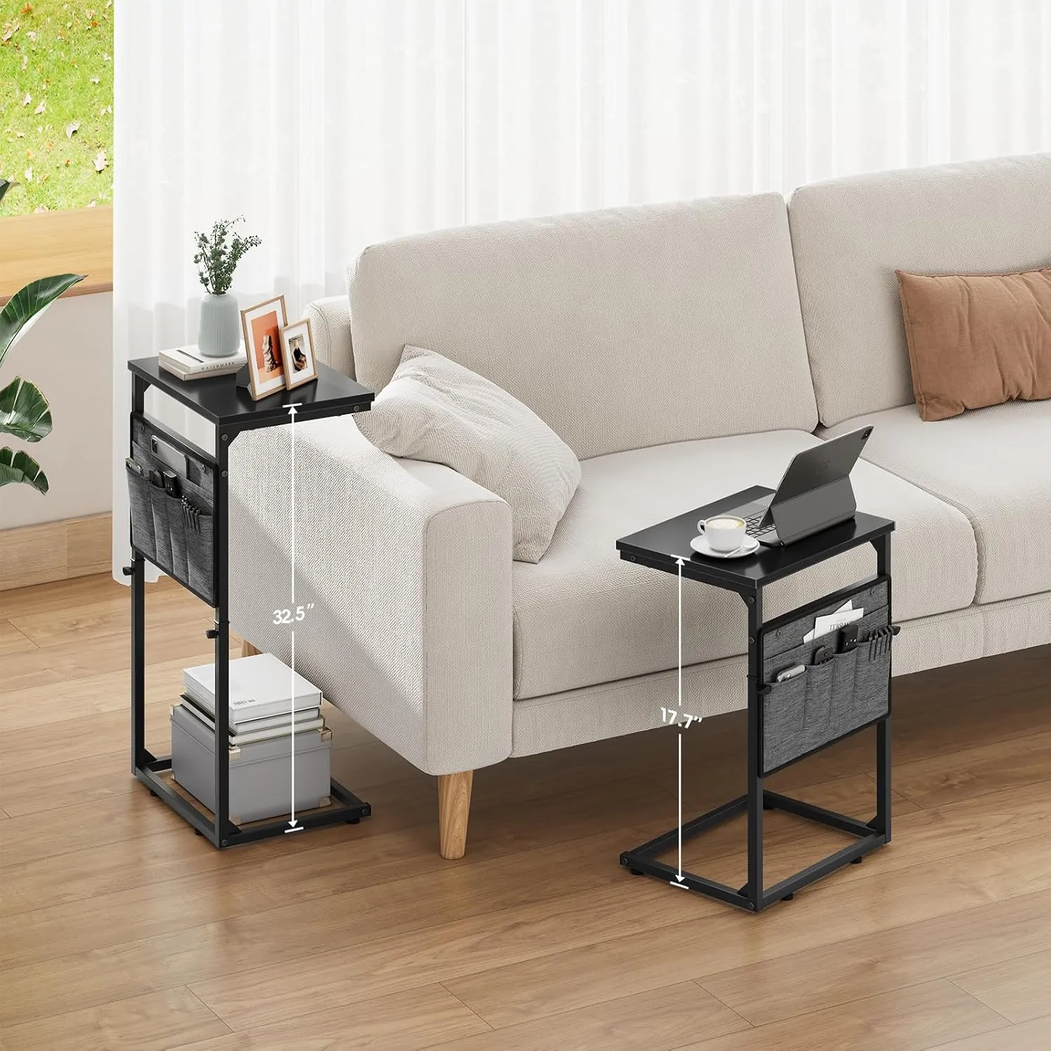 Vagusicc C Shaped End Table, 33'' Tall Side Table for Couch, Adjustable Height Small Couch Side Table for Small Spaces, End Table Slide Under Sofa Table TV Tray with Metal Frame for Living Room, Black