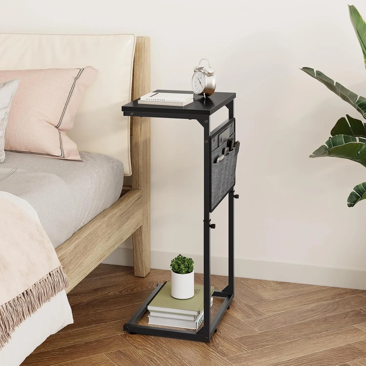 Vagusicc C Shaped End Table, 33'' Tall Side Table for Couch, Adjustable Height Small Couch Side Table for Small Spaces, End Table Slide Under Sofa Table TV Tray with Metal Frame for Living Room, Black