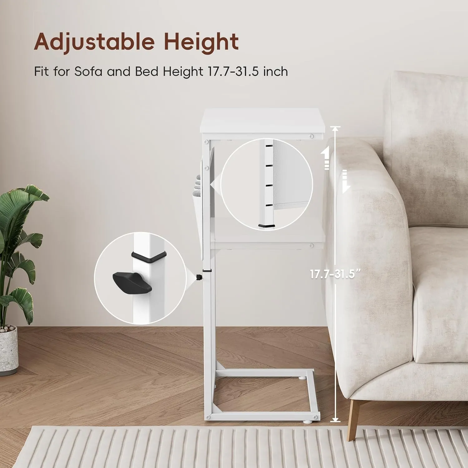 Vagusicc C Shaped End Table, 33" Tall Side Table for Couch, Adjustable Height Small Couch Side Table for Small Spaces, C Table End Table Slide Under Sofa Table TV Tray for Living Room Bedroom, White