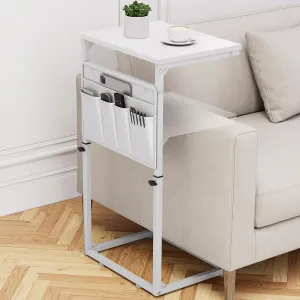 Vagusicc C Shaped End Table, 33" Tall Side Table for Couch, Adjustable Height Small Couch Side Table for Small Spaces, C Table End Table Slide Under Sofa Table TV Tray for Living Room Bedroom, White